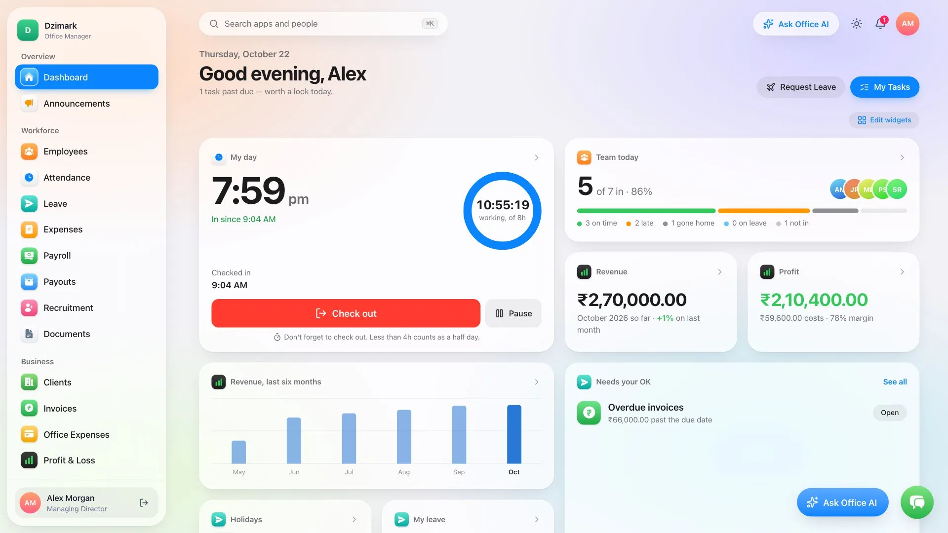 Office Manager dashboard with widgets: my day, team today, revenue and approvals