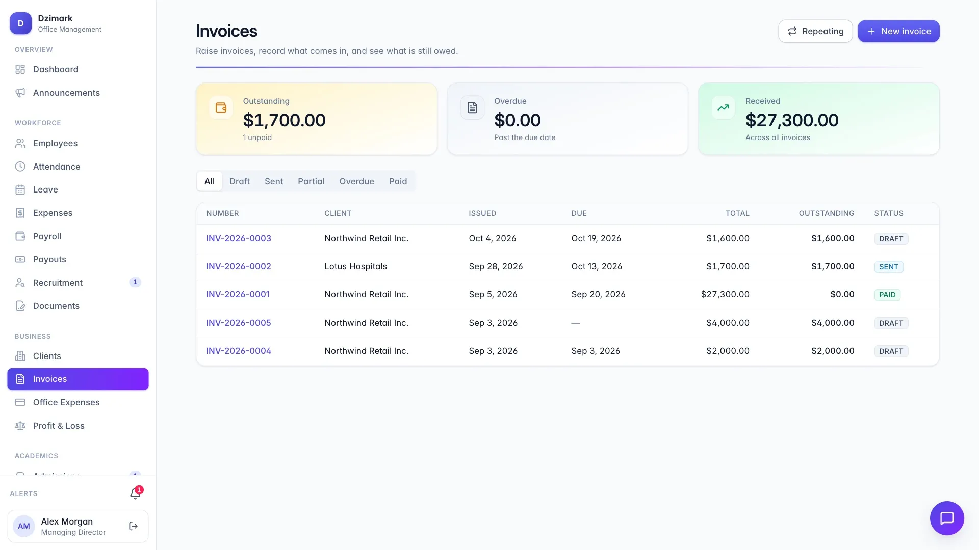 Office Manager invoices screen