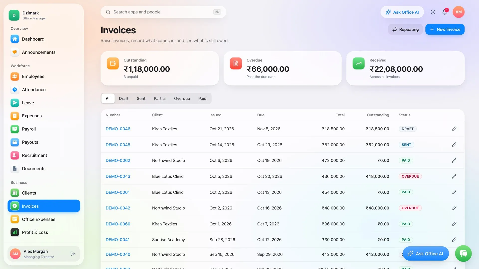 Office Manager invoices screen