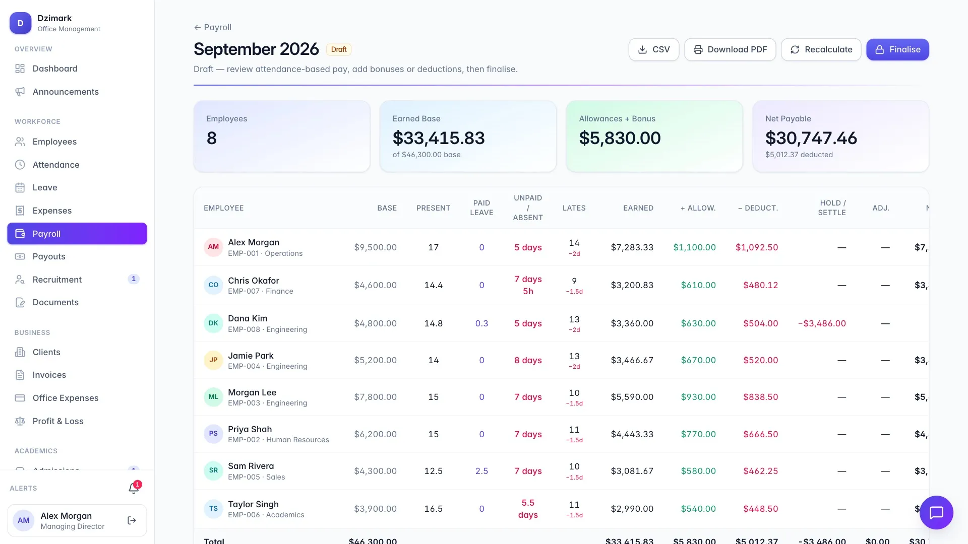Office Manager payroll screen