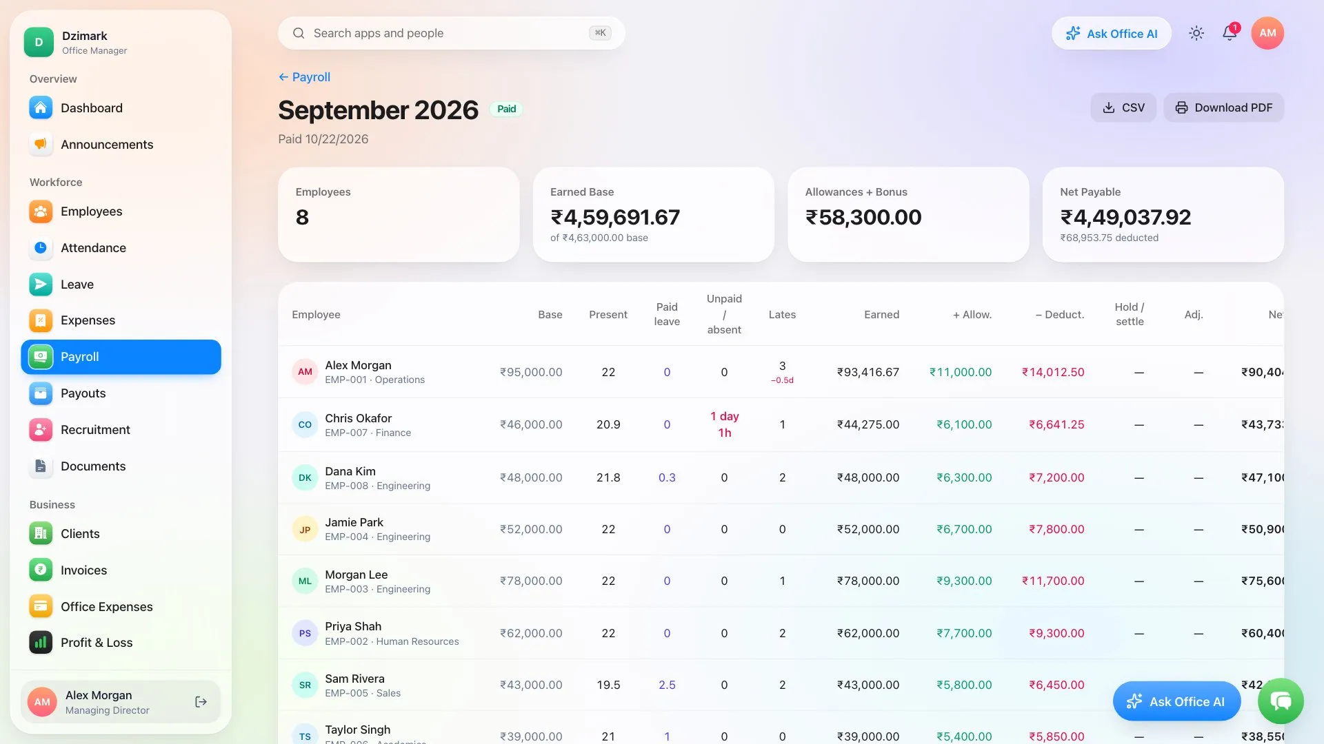Office Manager payroll screen